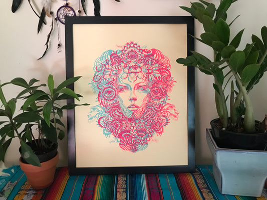 Glow in the Dark Flower Child Blacklight Silkscreen on Manila French Paper 16" x 20"