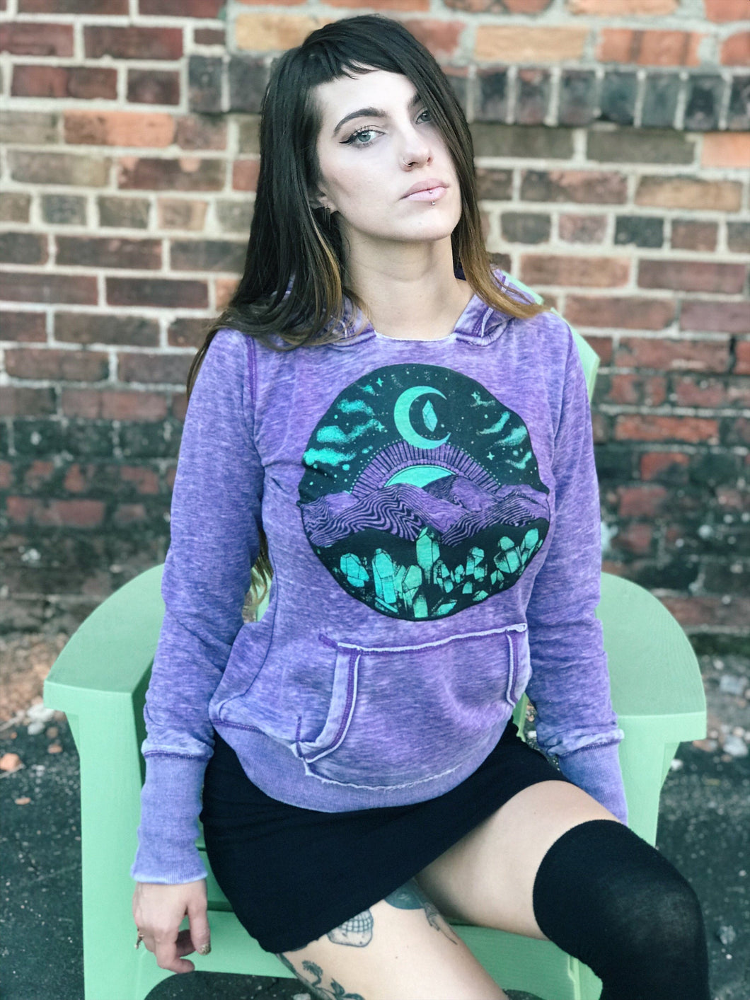 GLOW in the DARK Appalachia Purple Mountain Pullover Hoodie - Moon Sky and Crystal Hoodie - Acid Washed Fabric