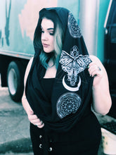 Load image into Gallery viewer, Sacred G Moth - Black and White Infinity Scarf - Festival Hood - Drapey shawl - Small version
