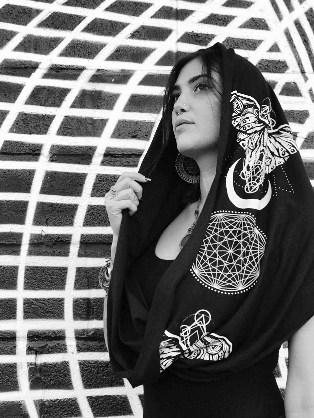 Sacred G Moth - Black and White Infinity Scarf - Festival Hood - Drapey shawl - Small version